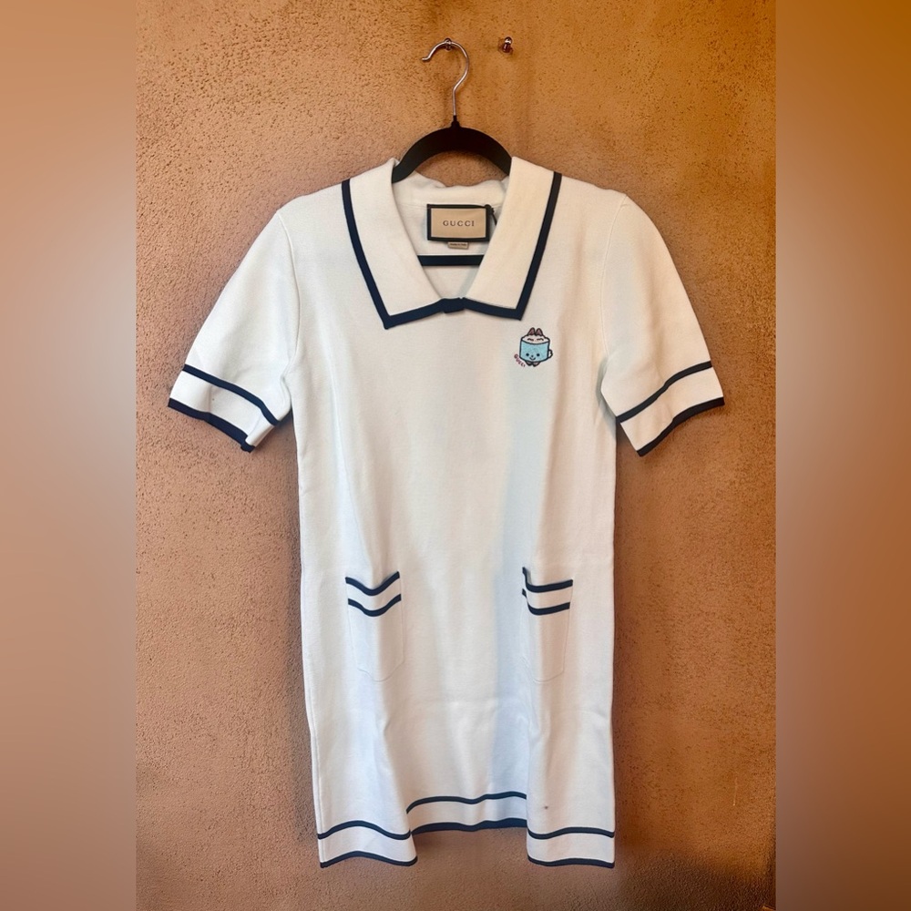 Gucci Cream Dress with Navy Accents Embroidered Sushi